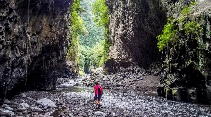 Un randonneur sur la rivière Plaine à La Réunion Voyage à La Réunion, à la découverte du flamboyant, arbre emblématique